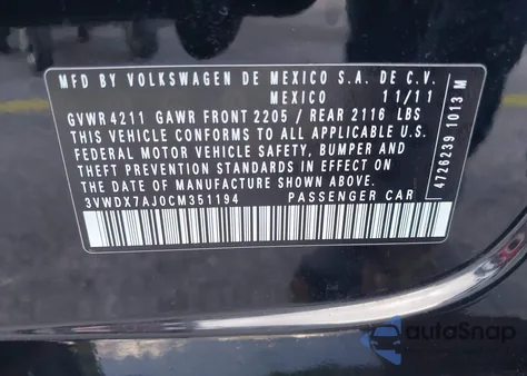 2012 Volkswagen Jetta 2.5L Se from USA, damaged, VIN 3VWDX7AJ0CM351194